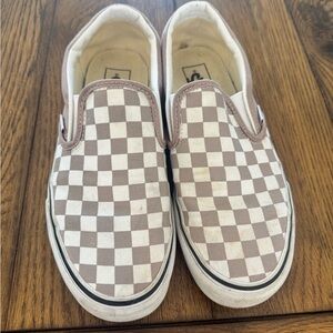 Vans Brown and White Checkered Slip-On Flats